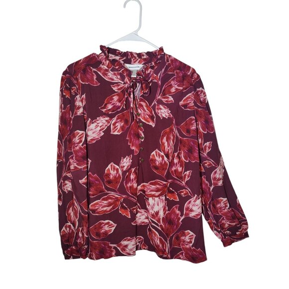 Christopher & Banks Red Floral Long Sleeve Ruffle Neck Popover Blouse Top L NWOT - Picture 2 of 10